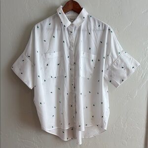 White Short Sleeve Button-Up Shirt with Green Accents
